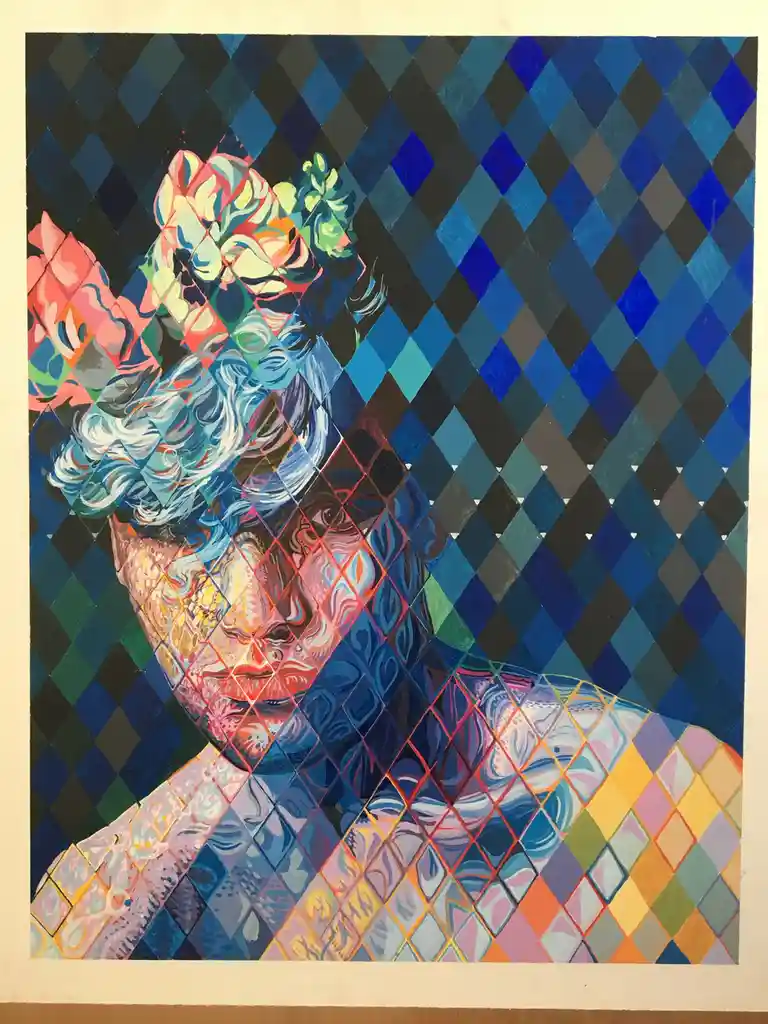 A colorful, stylized portrait of a person with curly hair and flowers in their hair, rendered in a mosaic of diamond-shaped…