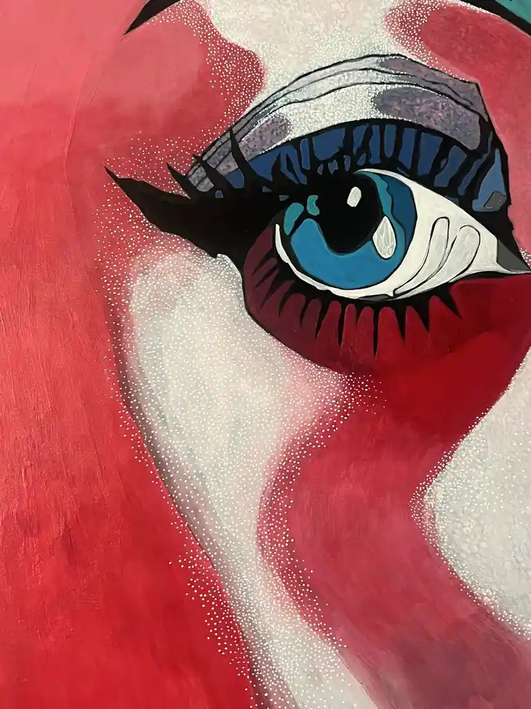 A stylized painting of a single blue eye with long black lashes, set against a background of red and white abstract shapes…