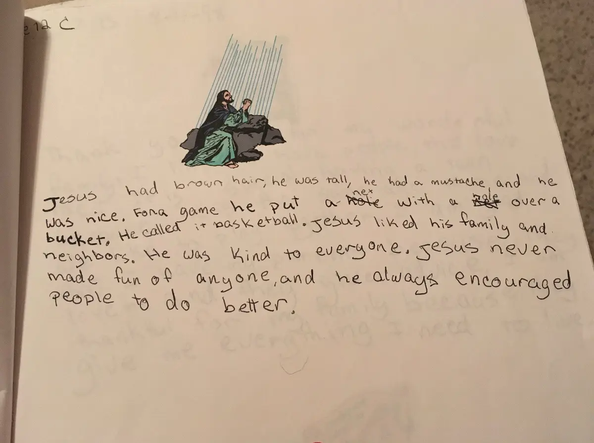 A handwritten note on notebook paper describes Jesus with modern, humorous traits like brown hair, a mustache, and playing…