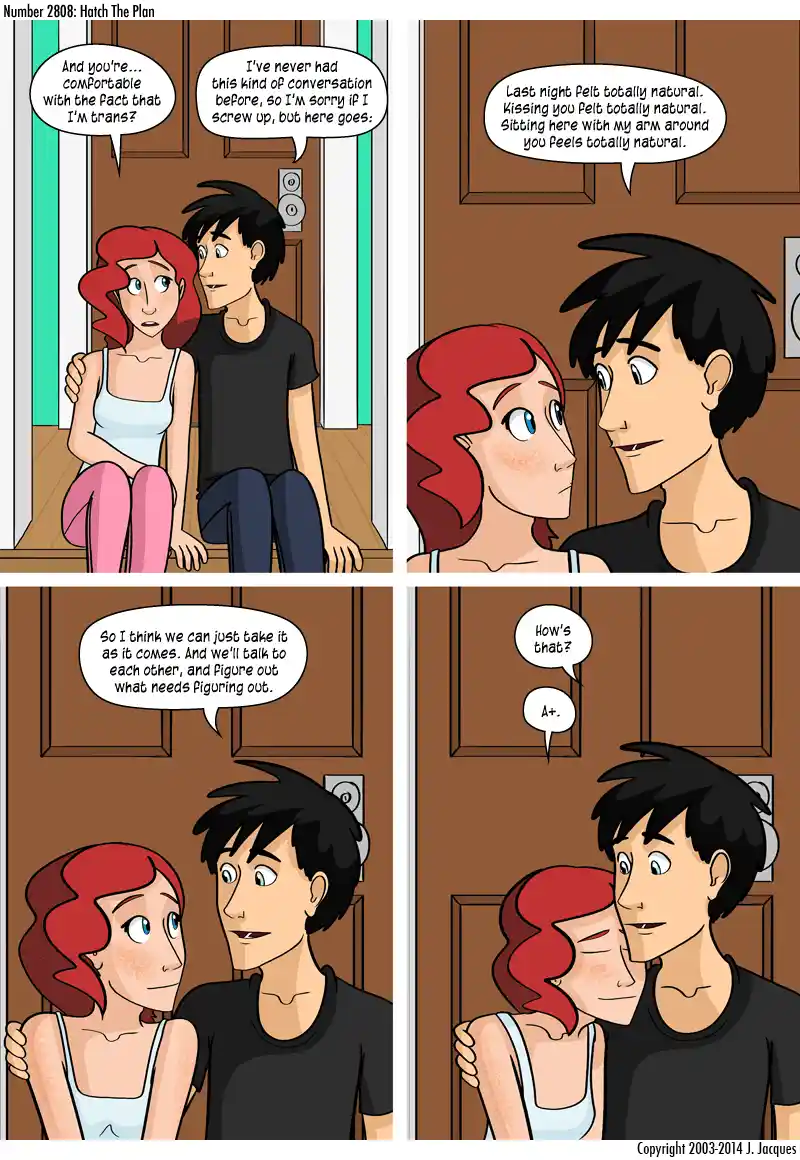 A four-panel comic strip shows a red-haired woman and a black-haired man sitting on a floor in front of a door. The man…