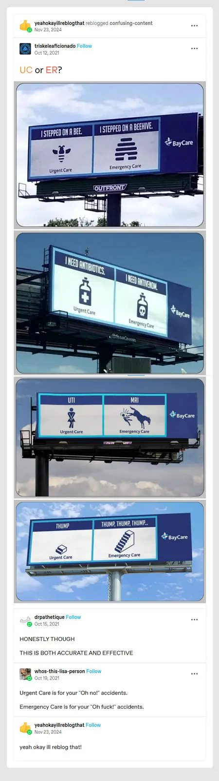 A collage of four BayCare billboards visually comparing Urgent Care and Emergency Care. The first shows a bee vs. a beehive…