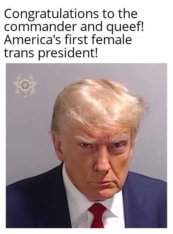 The image shows a mugshot-style photo of Donald Trump with a stern, unimpressed facial expression. He is wearing a dark…