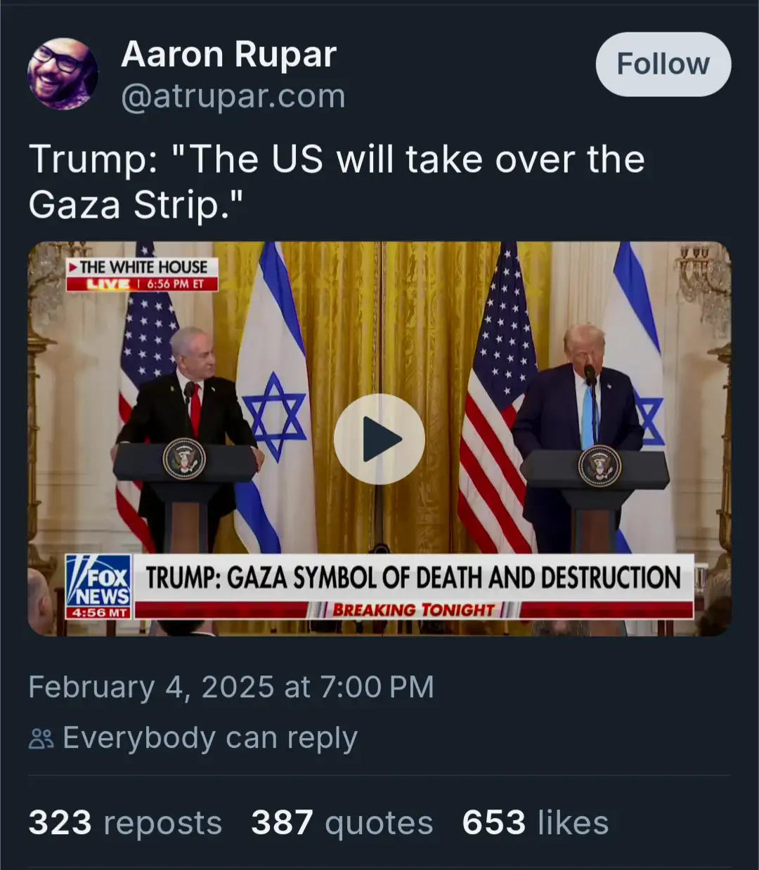 A screenshot of a Twitter post by Aaron Rupar showing a video thumbnail of Donald Trump and Benjamin Netanyahu at separate…