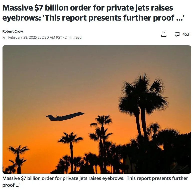 A screenshot of a news article with a headline about a massive $7 billion private jet order. The image shows a silhouette of…