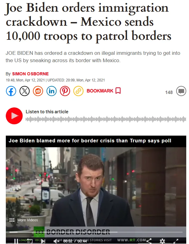 A screenshot of a news article with the headline 'Joe Biden orders immigration crackdown – Mexico sends 10,000 troops to…