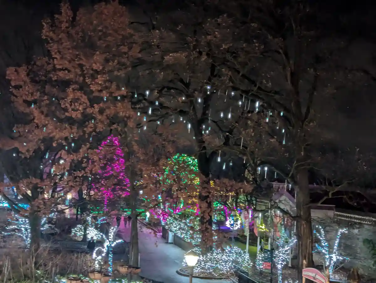 A nighttime photo of a festive park or garden decorated with colorful string lights on trees and pathways, with…