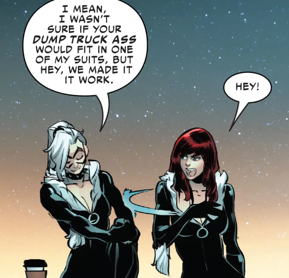 Two female comic book characters stand against a starry sky backdrop. The character on the left, with white hair, speaks in…