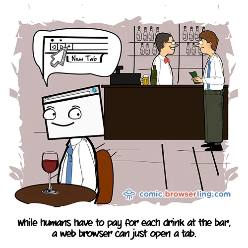 A cartoon depicts a person with a computer monitor for a head sitting at a bar, smiling while a wine glass sits before them…