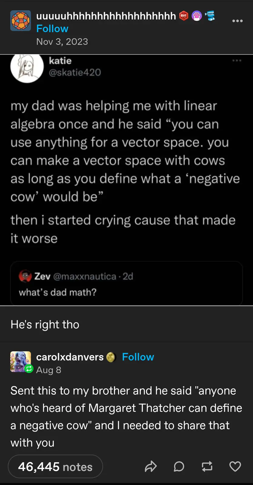 A screenshot of a social media thread where a user recounts their dad explaining linear algebra by saying you can make a…