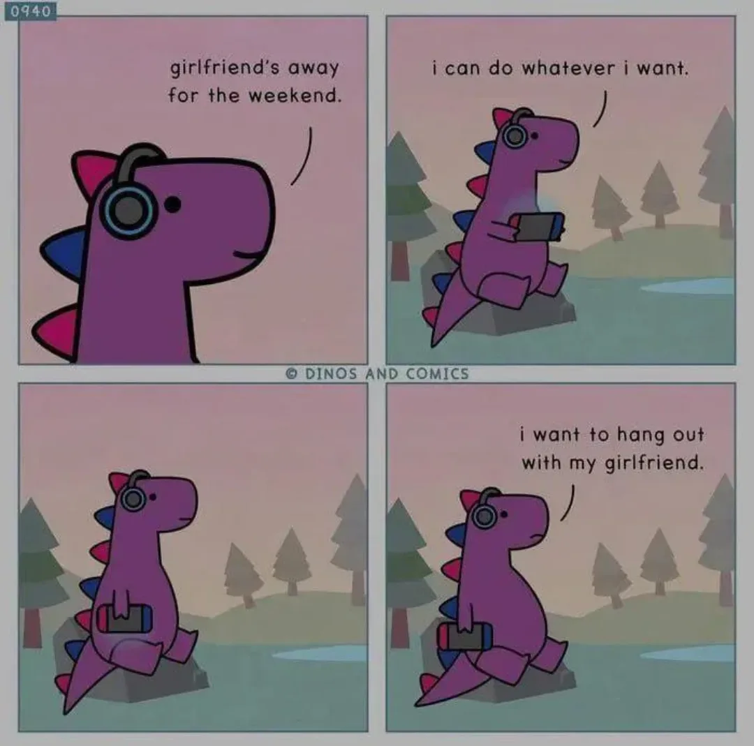 A four-panel comic strip featuring a purple cartoon dinosaur with headphones and a phone. In the first panel, the dinosaur…