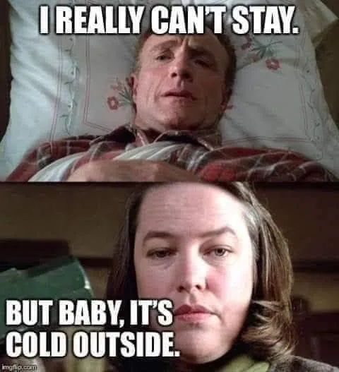 The image is a two-panel meme. The top panel shows a man in bed looking distressed with the text 'I REALLY CAN'T STAY.' The…