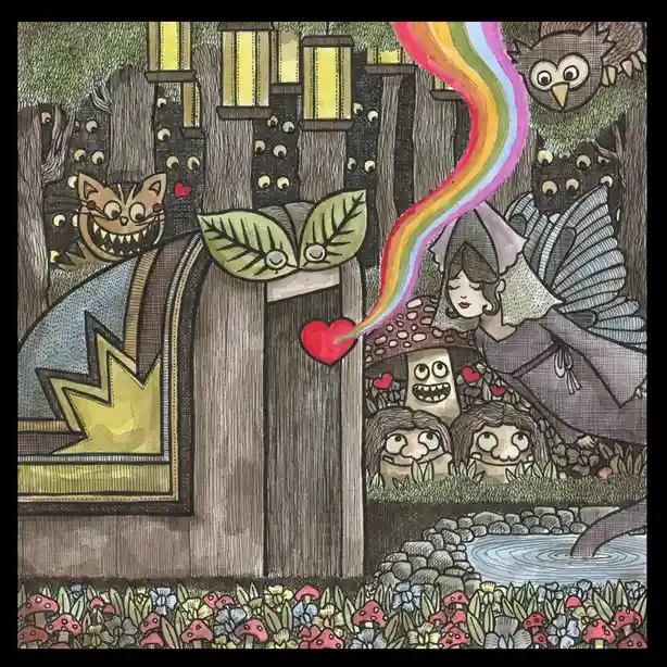 A whimsical, hand-drawn illustration depicts a fantastical forest scene with a wooden door at its center. On the left, a…