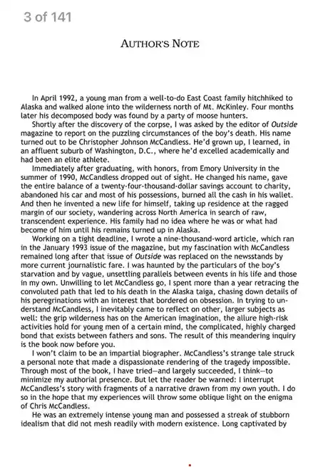 This image displays page 3 of 141 from the book 'Into the Wild,' featuring the 'Author's Note' section. The text recounts…