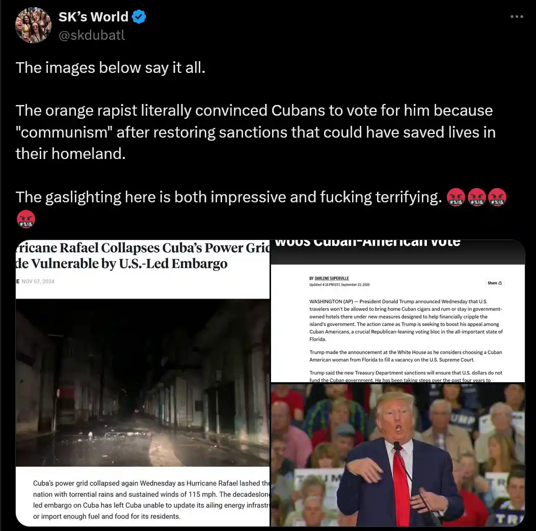 A tweet from 'SK's World' displays two images: one showing a dark, flooded street in Cuba after Hurricane Rafael, with text…