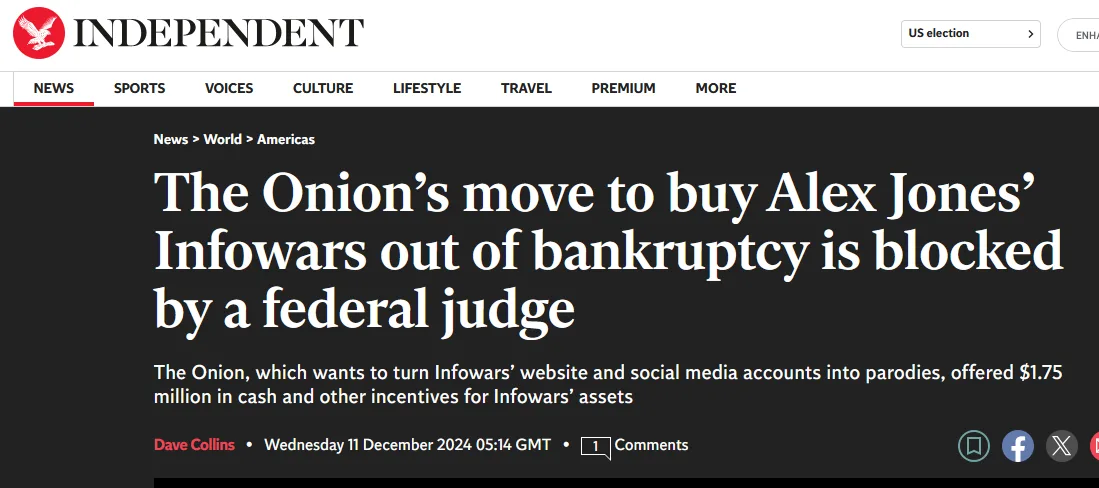 A screenshot of a news article from the Independent website, featuring a headline that reads 'The Onion's move to buy Alex…