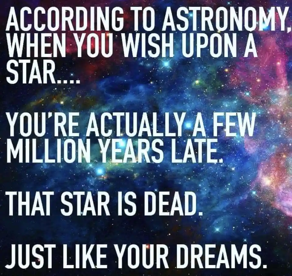 A vibrant cosmic background with stars and nebulae features bold white text explaining that wishing on a star is futile…