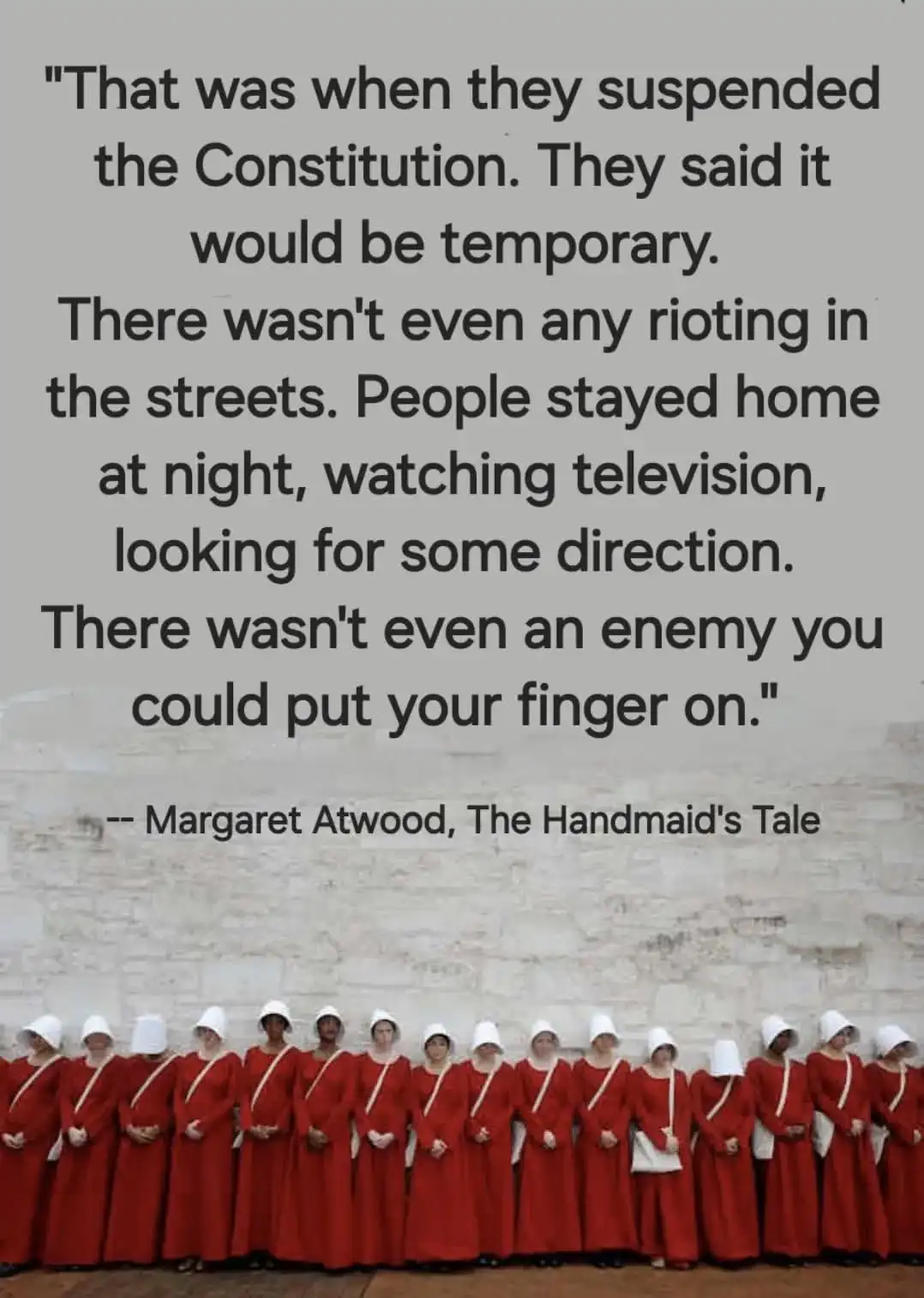 A line of women in red robes and white bonnets stand in front of a stone wall. Overlaid text is a quote from Margaret…