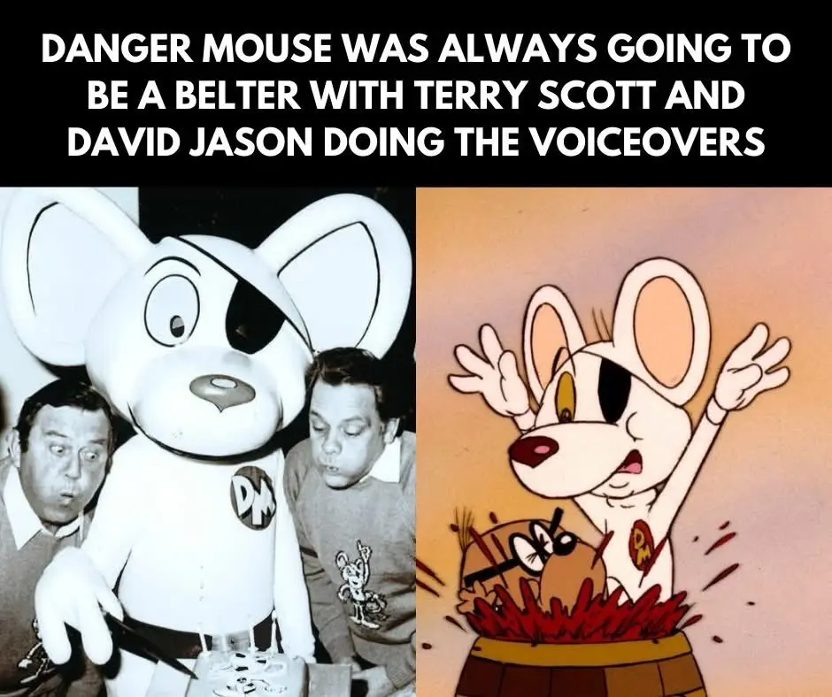 The image is split: left side shows two men standing beside a large white Danger Mouse mascot costume with a black eye patch…