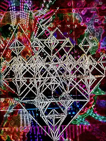 A psychedelic, glitch-art image features a large, intricate white geometric pattern resembling a Metatron's Cube overlaid on…