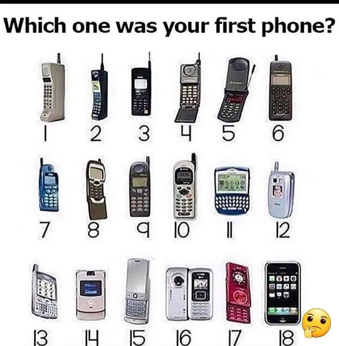 An image displays eighteen numbered vintage mobile phones arranged in three rows, ranging from bulky early 90s cell phones…