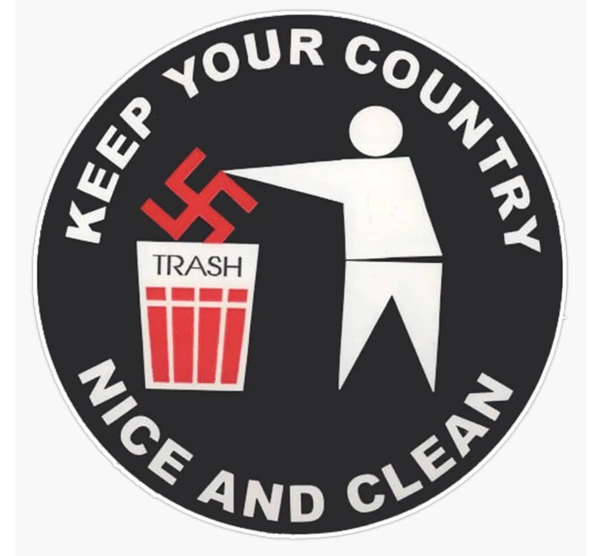 A circular black sticker with white text reading 'KEEP YOUR COUNTRY NICE AND CLEAN' around the edge. In the center, a white…