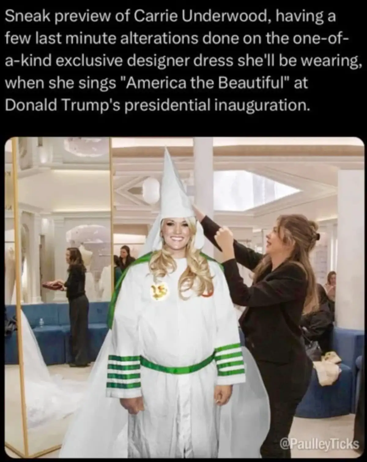 A woman with blonde hair is smiling while wearing a white robe with green trim and a tall white pointed hat, resembling a…