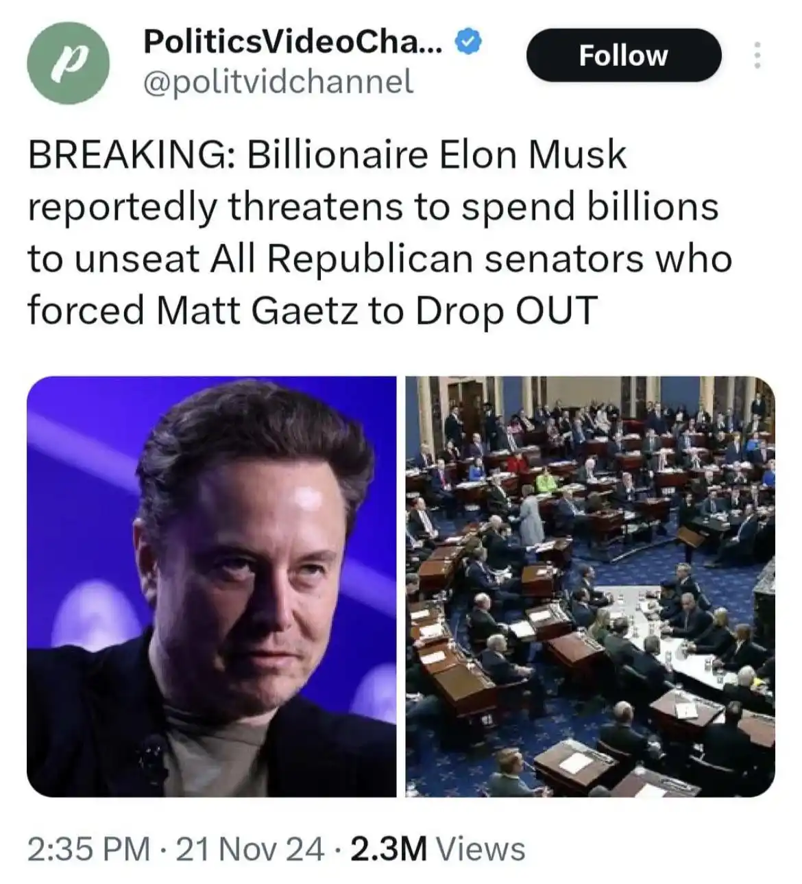 The image shows a split-screen: on the left, a close-up of Elon Musk looking serious, and on the right, a wide shot of the…