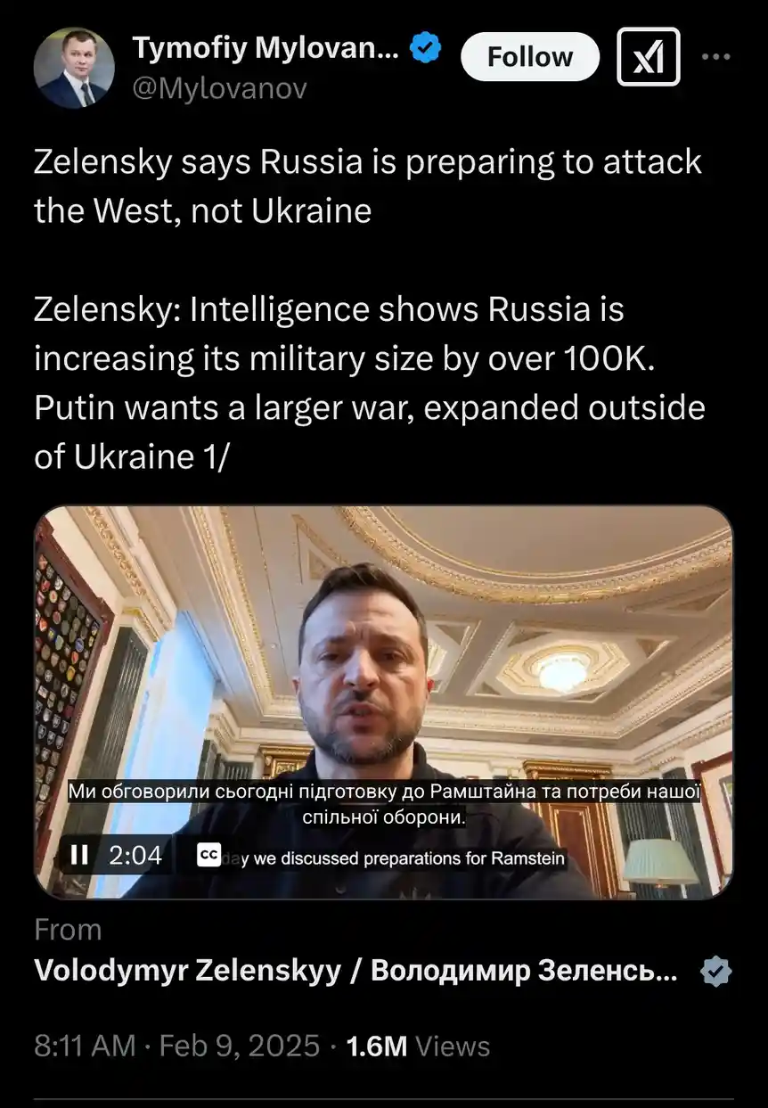 A screenshot of a social media post by Tymofiy Mylovanov featuring a video of Ukrainian President Volodymyr Zelenskyy. The…