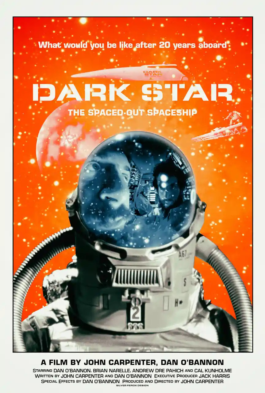 This is a movie poster for the 1979 film 'Dark Star,' featuring a close-up of an astronaut's helmet against an orange…