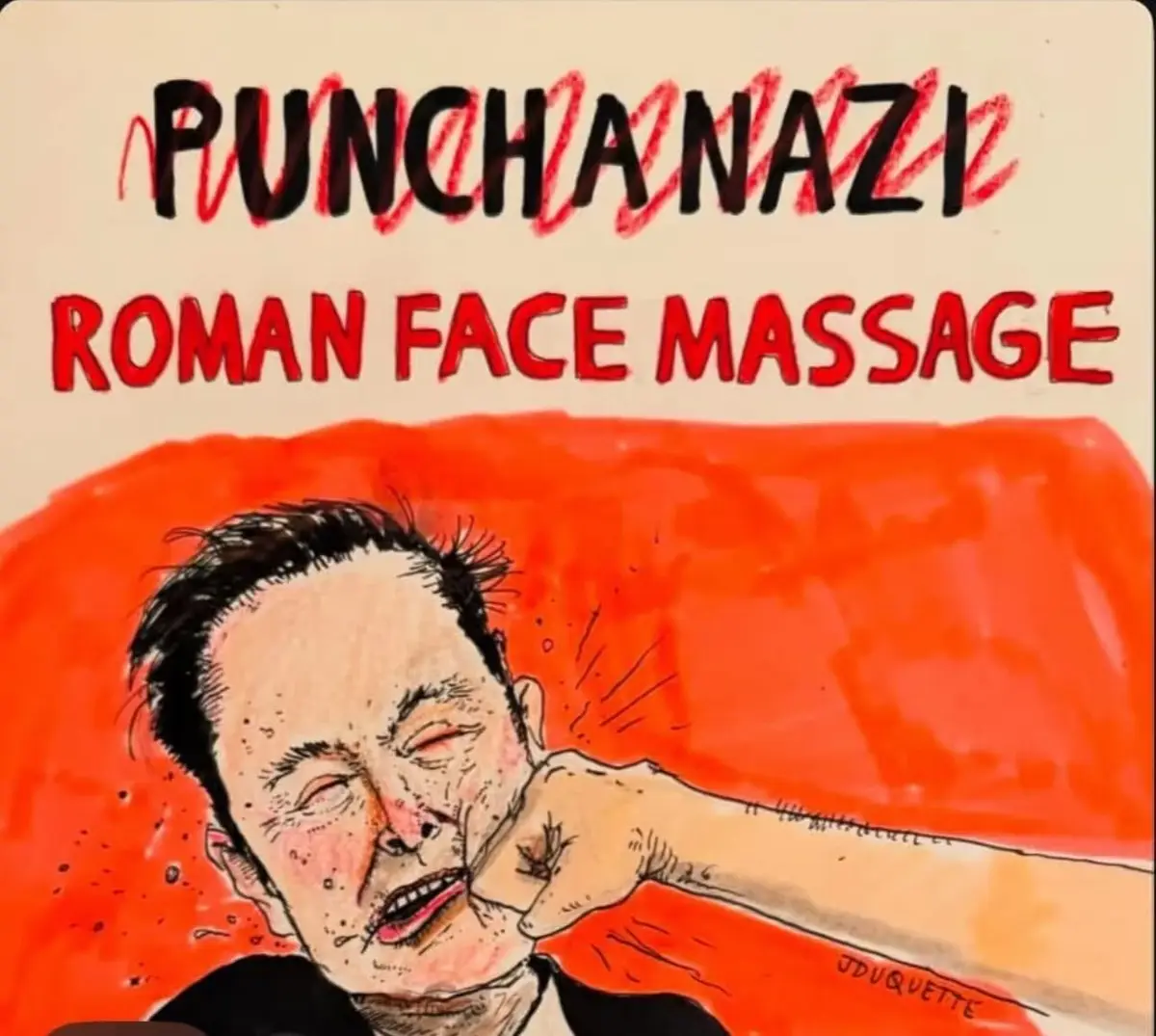 A cartoon depicts a man with his eyes closed and mouth open as a fist punches his cheek, set against a red background. The…