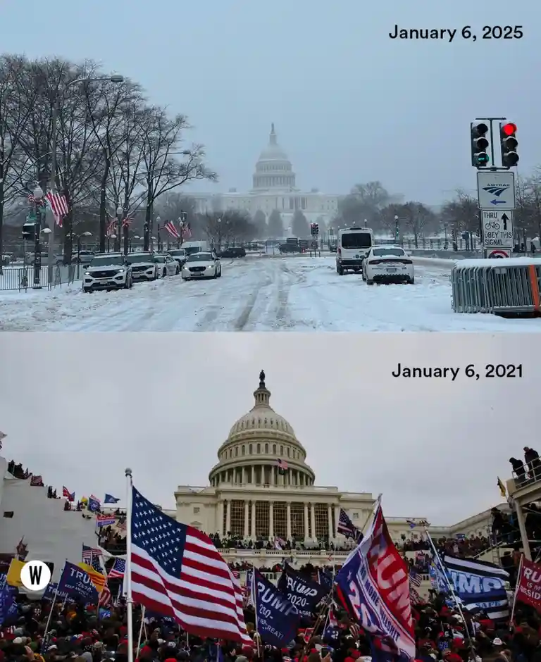 The image is split into two panels. The top panel shows a snowy, empty street leading to the U.S. Capitol on January 6…