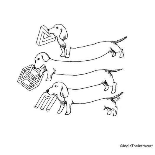 Three dachshunds are drawn in a vertical line, each holding a progressively more complex impossible object: the top dog…