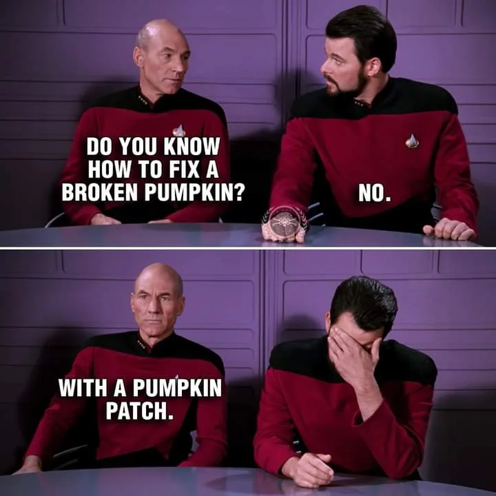 Two men in Starfleet uniforms sit at a table. In the top panel, the man on the left asks, 'DO YOU KNOW HOW TO FIX A BROKEN…