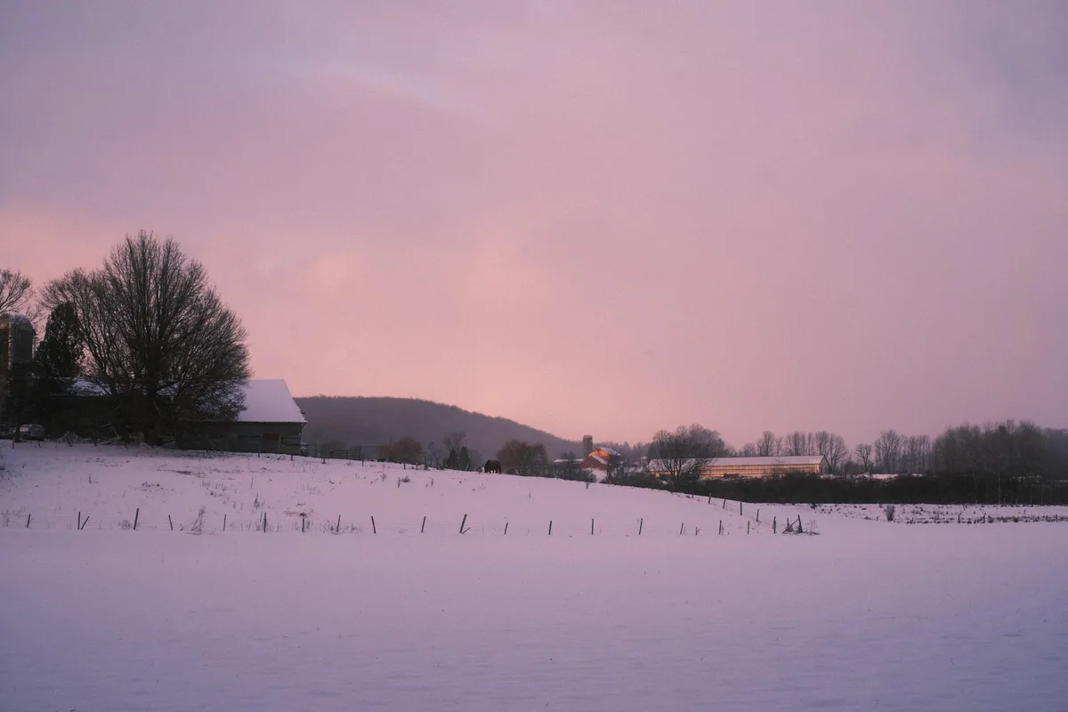 A serene winter landscape shows a snow-covered field with farm buildings, bare trees, and a pink-purple twilight sky…