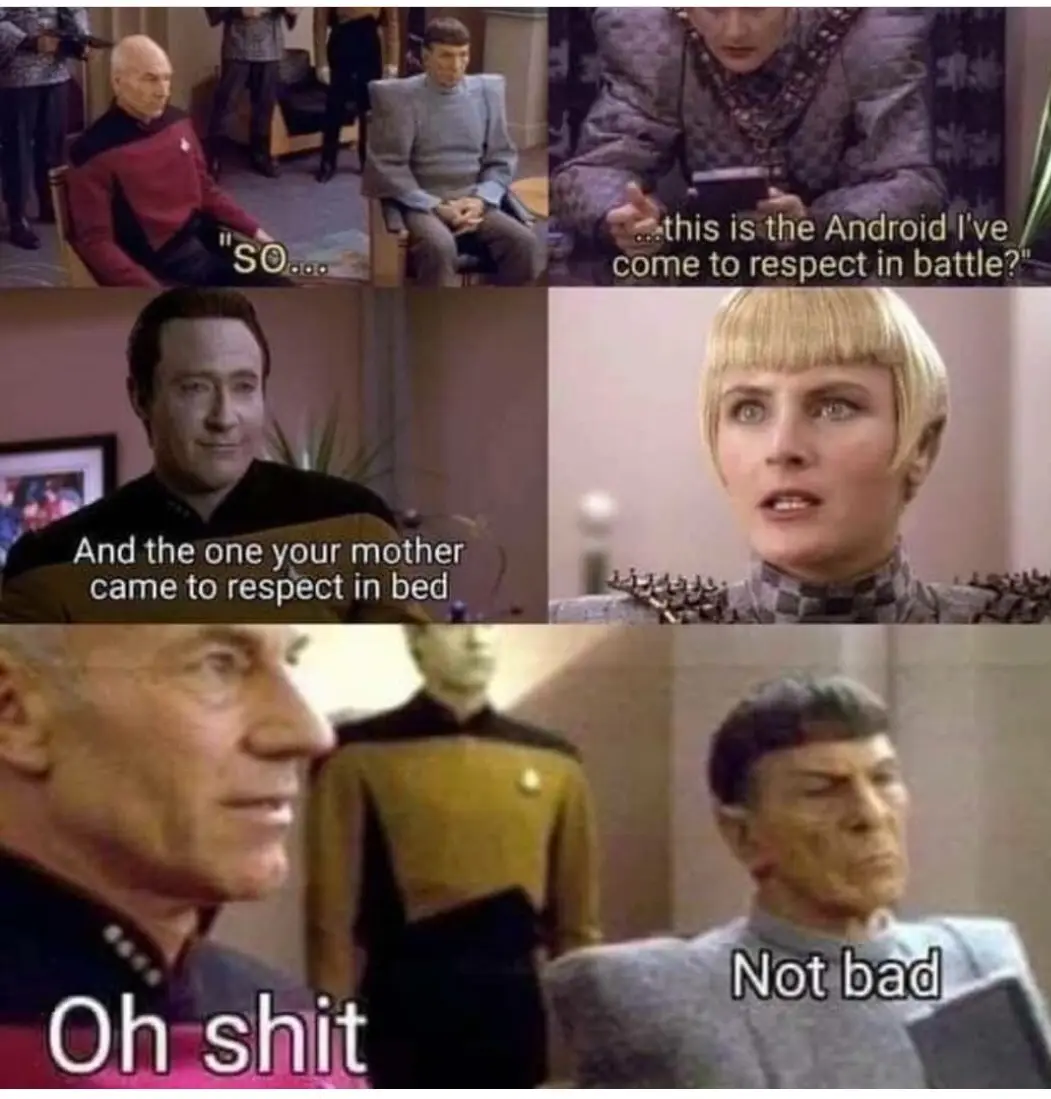 A six-panel Star Trek meme collage featuring characters from the show. The top left shows Captain Picard and Spock seated…
