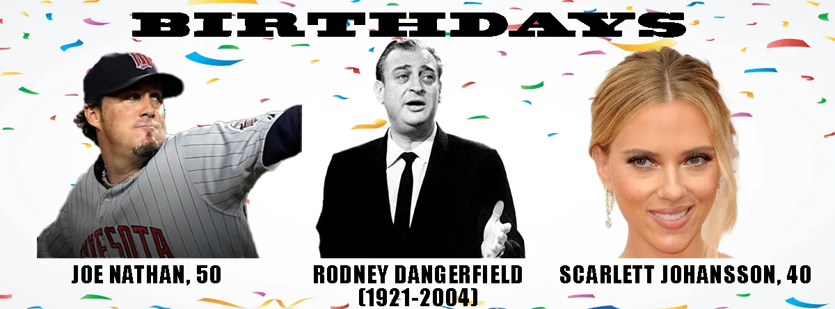 A celebratory birthday meme featuring three people: baseball pitcher Joe Nathan (50), comedian Rodney Dangerfield…