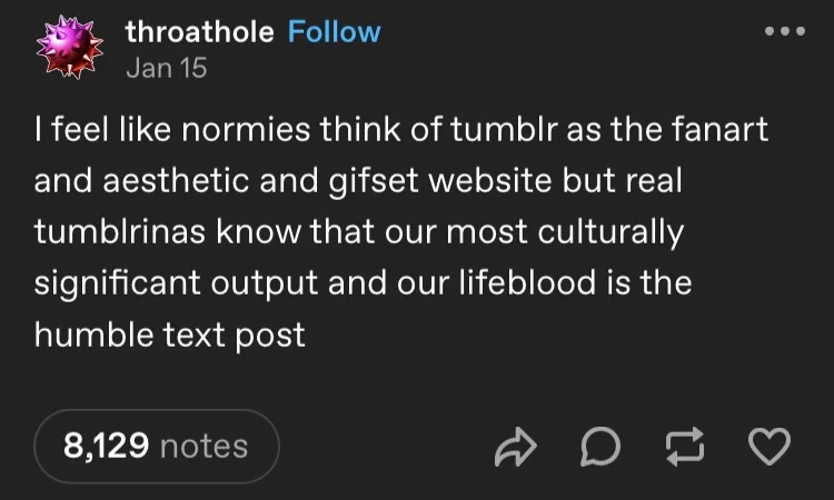 A screenshot of a Tumblr post by user 'throathole' dated Jan 15, featuring white text on a dark background. The text reads…