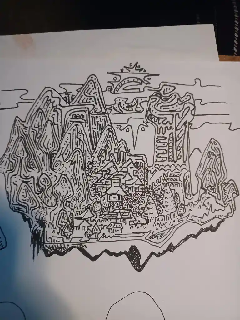 A black-and-white line drawing depicts a fantasy landscape with jagged mountains, a small village nestled in a valley, and a…
