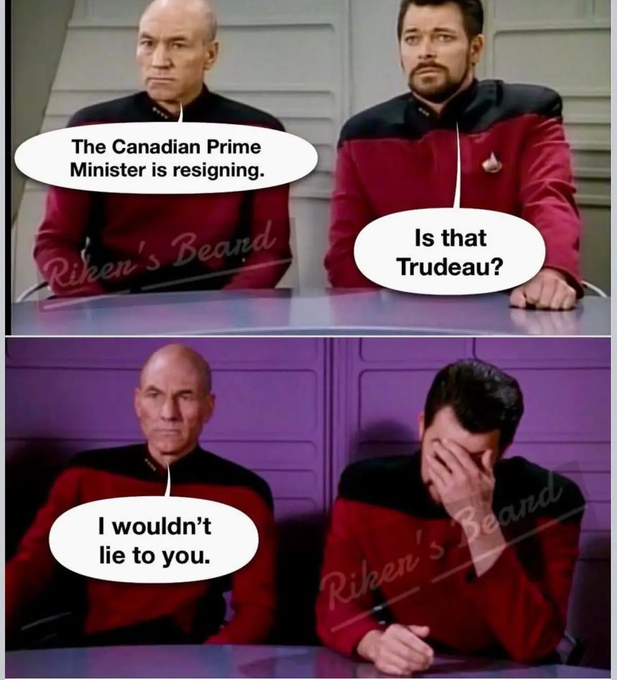 Two men in Starfleet uniforms sit at a table. The top panel shows one man stating 'The Canadian Prime Minister is…