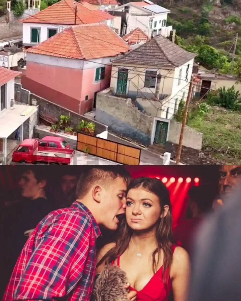 The image is split into two parts: the top shows a scenic view of a hillside village with red-tiled roofs and a red pickup…