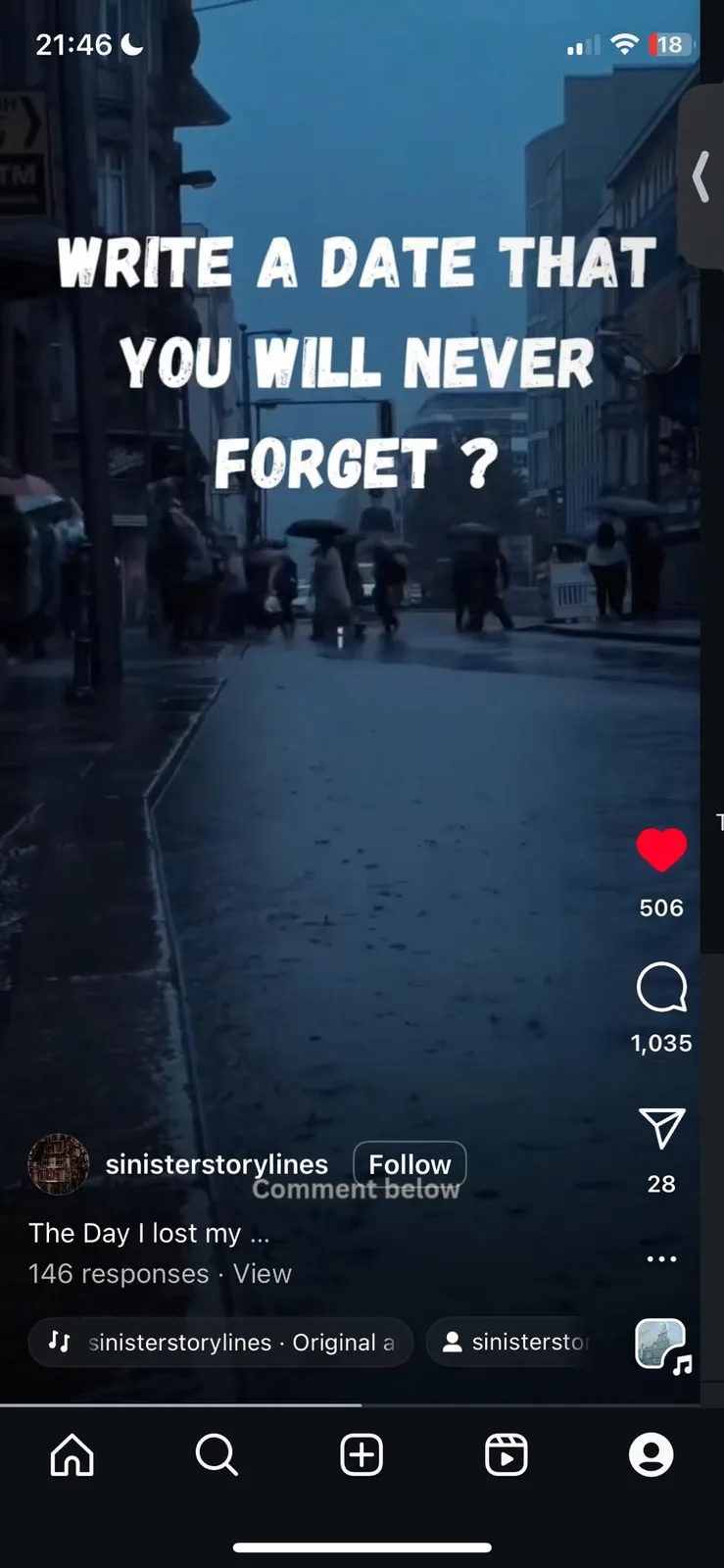 A dark, rainy street scene with blurred pedestrians holding umbrellas, overlaid with bold white text asking viewers to…