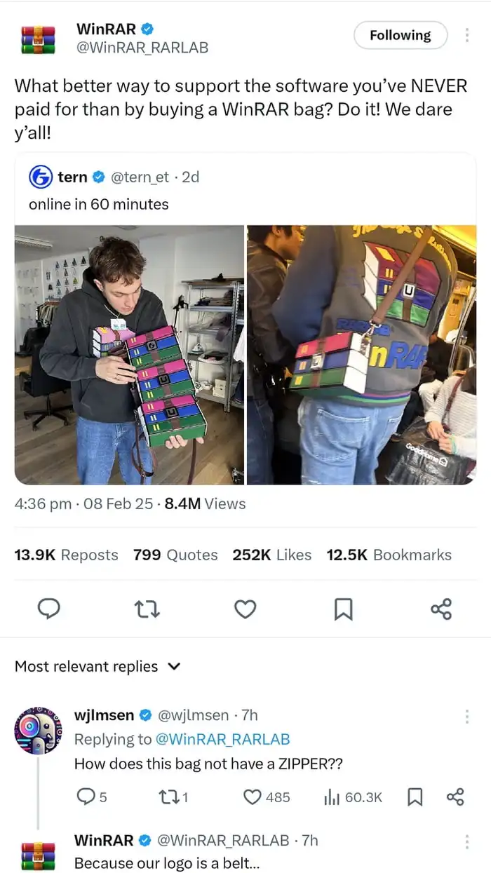 A screenshot of a Twitter post by WinRAR showing two photos: one of a man holding a colorful, multi-layered bag shaped like…