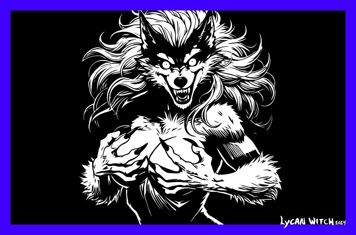 A black-and-white stylized illustration of a muscular, snarling werewolf with wild hair, bared teeth, and intense eyes, set…