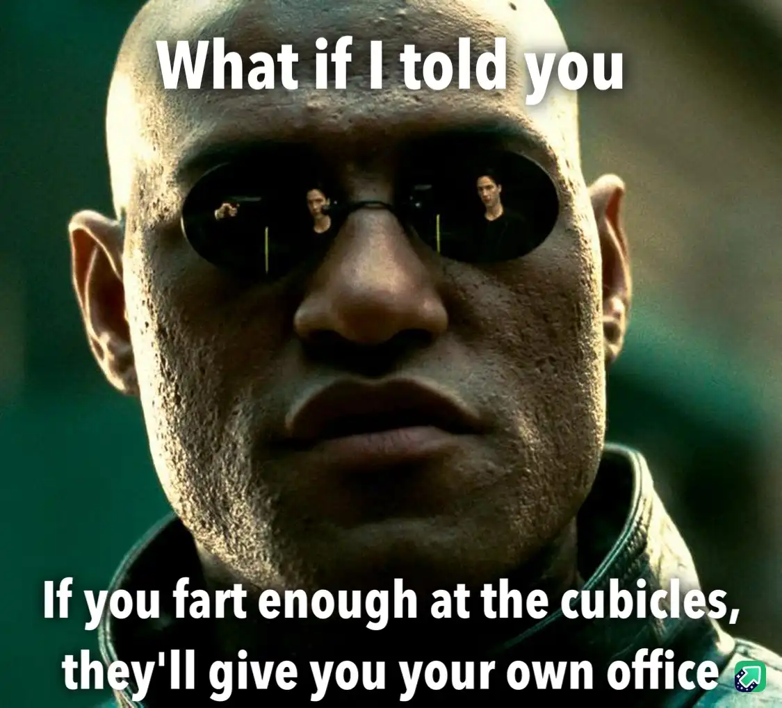 A close-up of Morpheus from The Matrix, wearing his signature dark sunglasses, with two reflections of Neo visible in the…