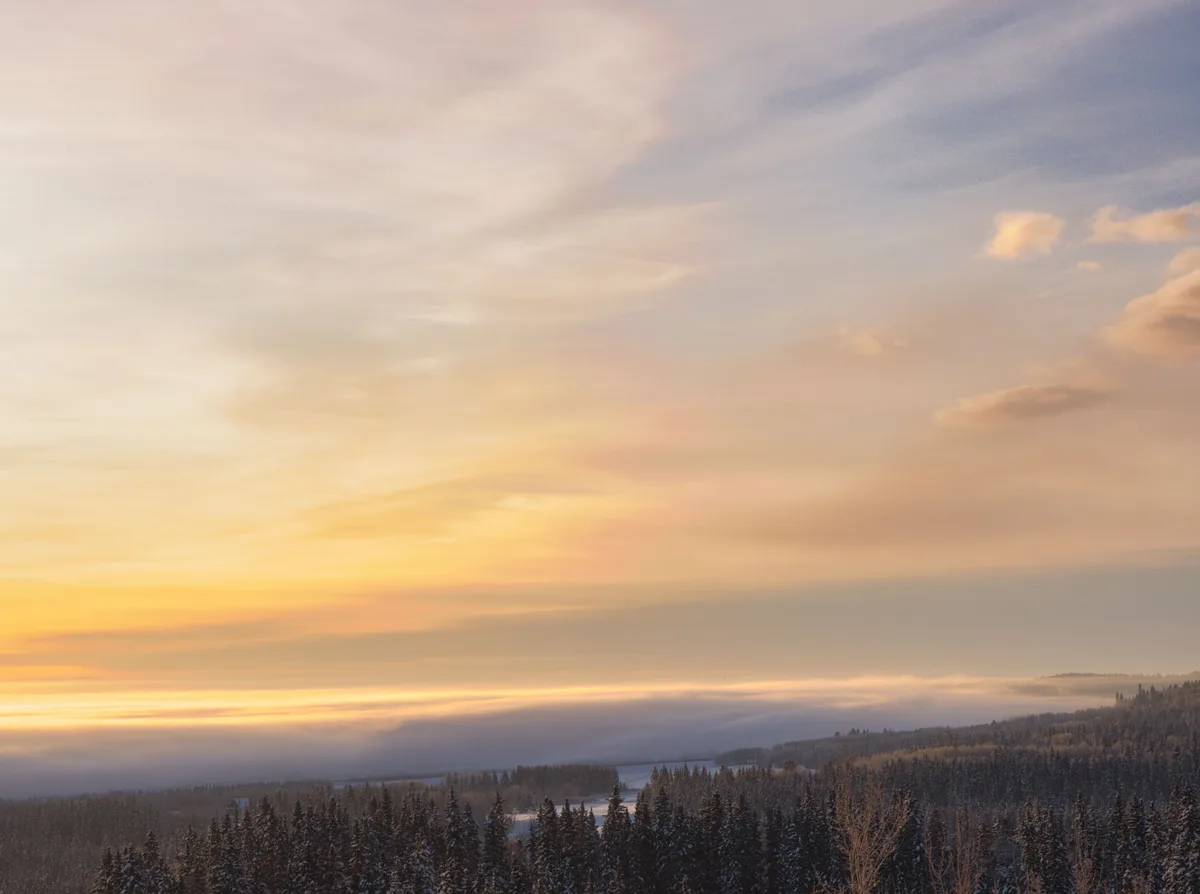 A serene winter landscape at sunrise or sunset, featuring snow-covered evergreen trees in the foreground, rolling hills, and…