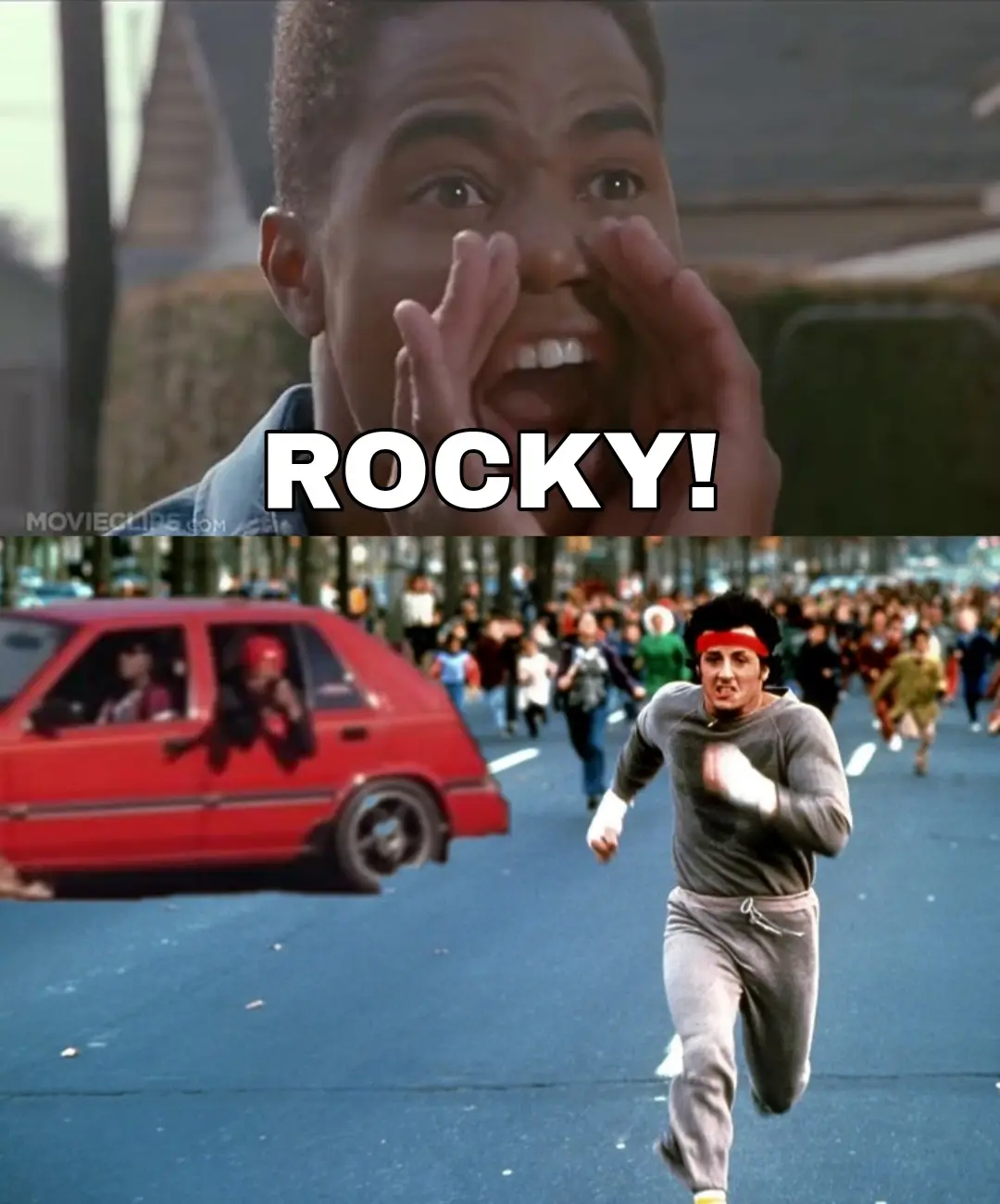 The top panel shows a man with hands cupped around his mouth shouting, overlaid with the text 'ROCKY!'. The bottom panel…