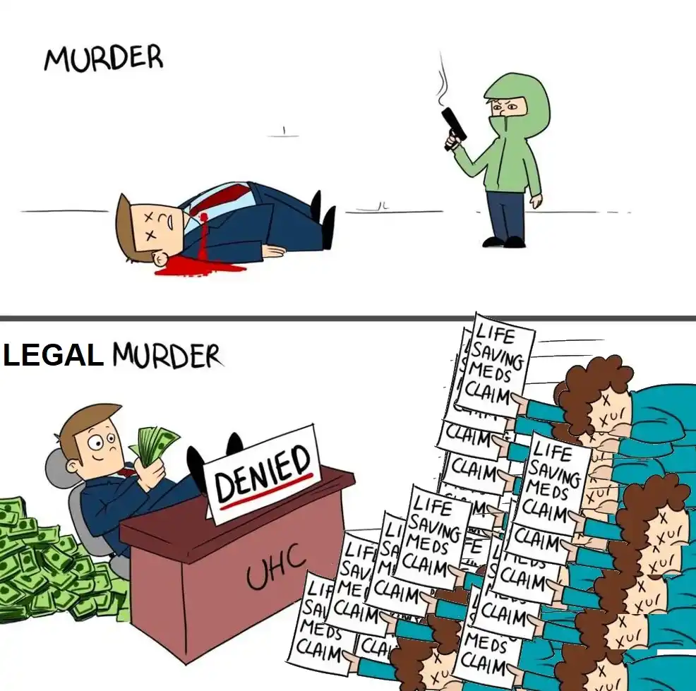 Top panel shows a masked gunman shooting a businessman labeled 'MURDER'. Bottom panel shows the same businessman, now…