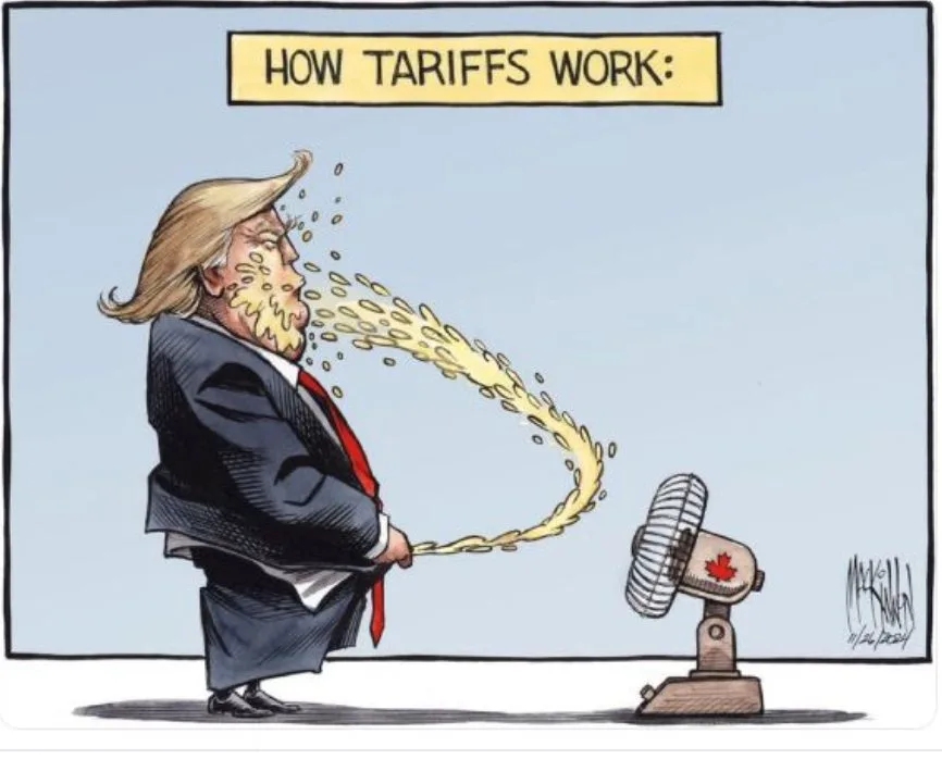 A cartoon depicts a caricature of Donald Trump blowing a stream of yellow money towards a small fan with a Canadian flag on…