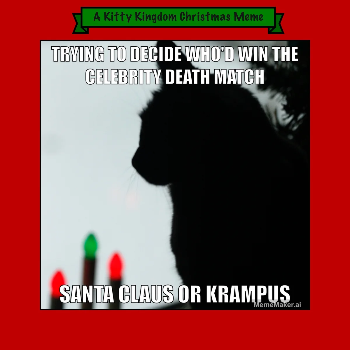 A black cat's silhouette is shown in profile against a bright background with blurred red and green Christmas lights…