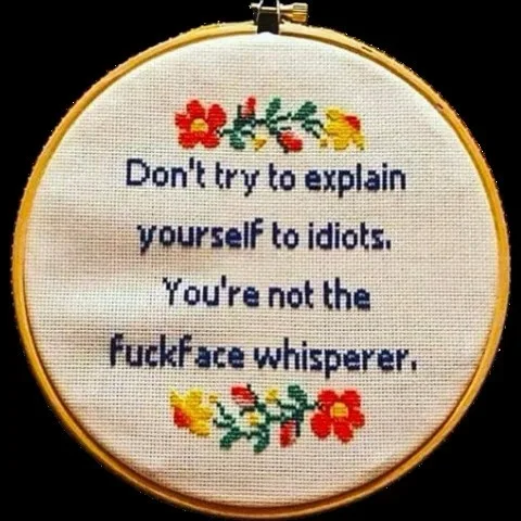 A circular embroidery hoop holds a piece of fabric with stitched text and floral patterns. The text reads 'Don't try to…